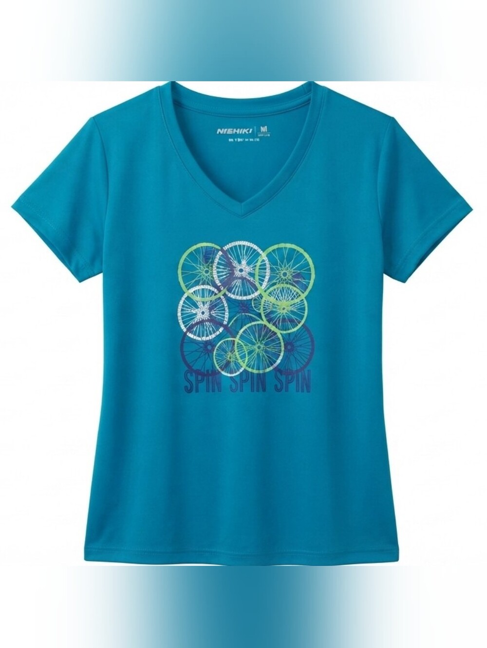 🦦5/$10🦦Nishiki Blue "Spin Spin Spin" Cycling V-Neck T-Shirt Size Medium